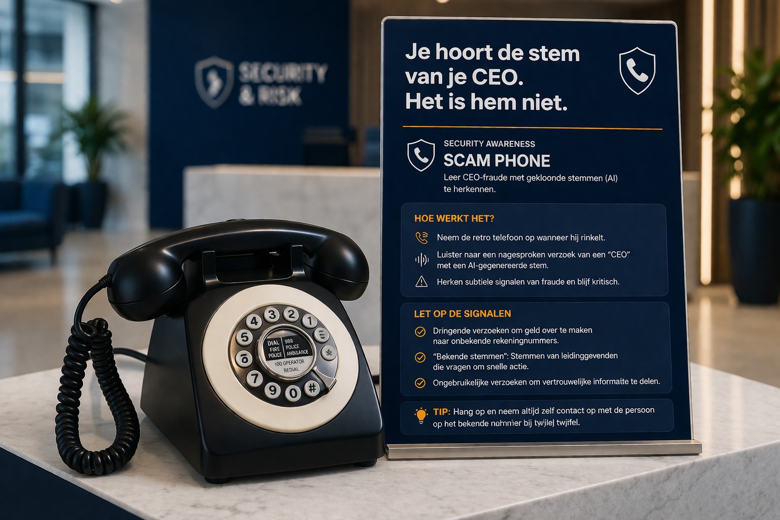 De Scam Phone met banner op een kantoorlocatie